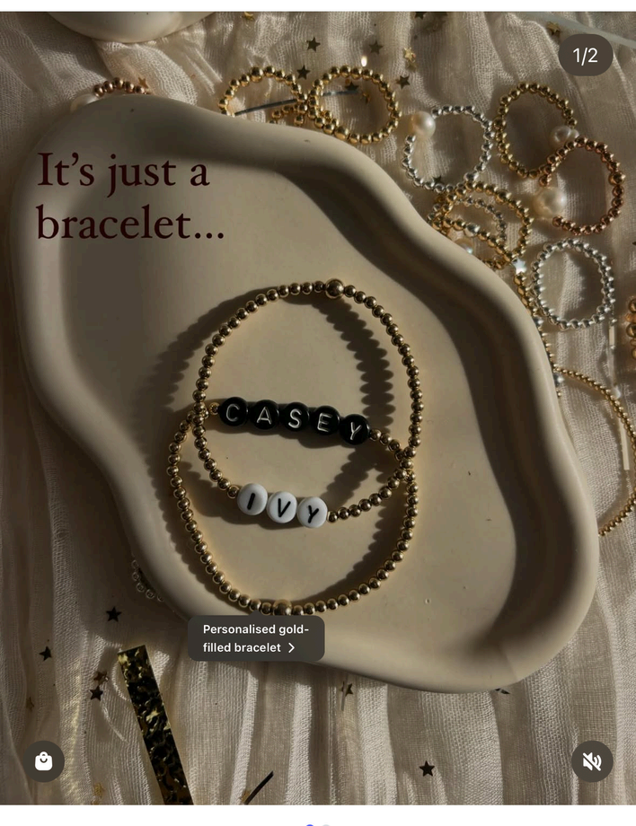 Ivy & Gold TikTok slideshow slide one: personalised bracelet with text 'It's just a bracelet...'