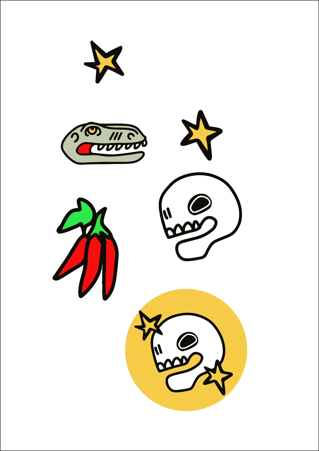 Raptor illustrated brand graphics: skulls, stars, chillies and dinosaur