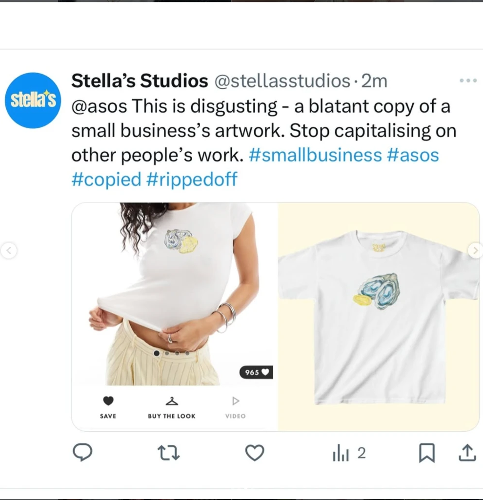 Stella's Studios post calling out ASOS